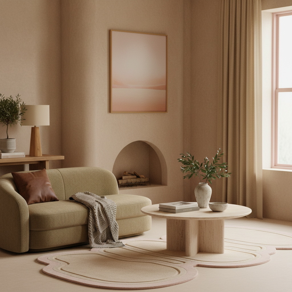 Modern living room with beige walls, a sofa, coffee table, and decorative pebble pink rug.