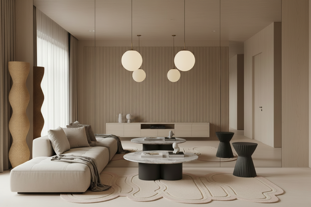 Modern living room with neutral tones, a sofa, coffee table, and abstract painting.