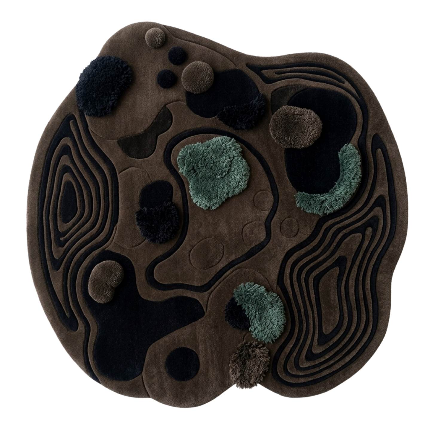 Textured round rug with brown, black, and green patterns on a white background