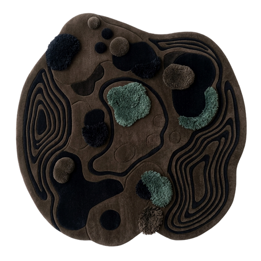 Textured round rug with brown, black, and green patterns on a white background