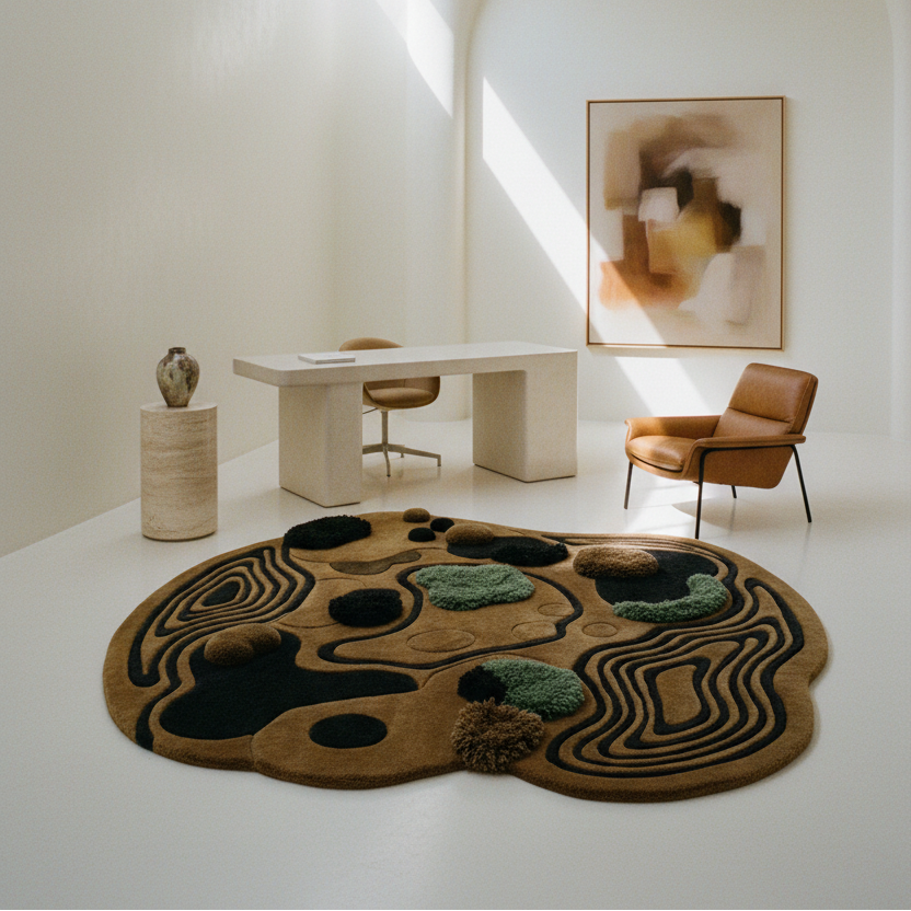 Modern interior with a abstract rug, table, and chair in a bright room.
