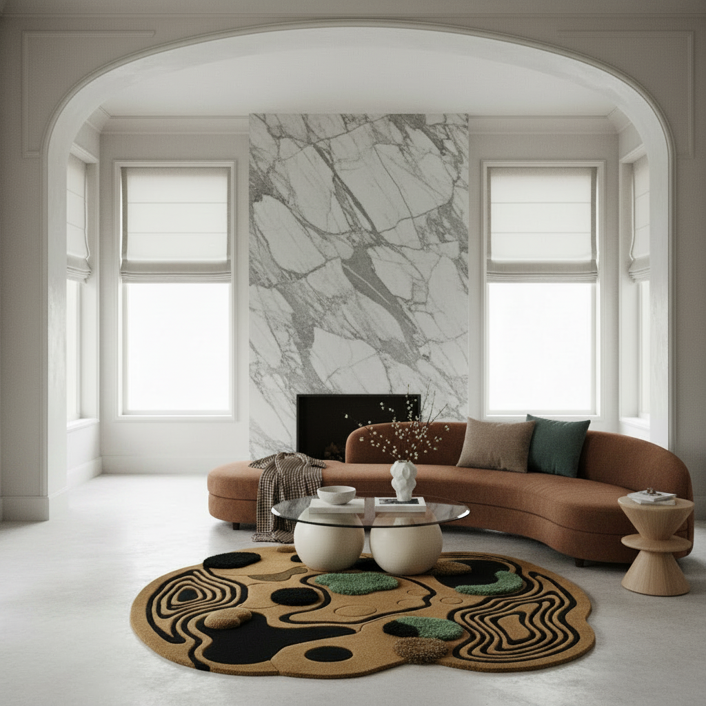 Modern living room with a curved brown sofa, round rug, and marble wall.