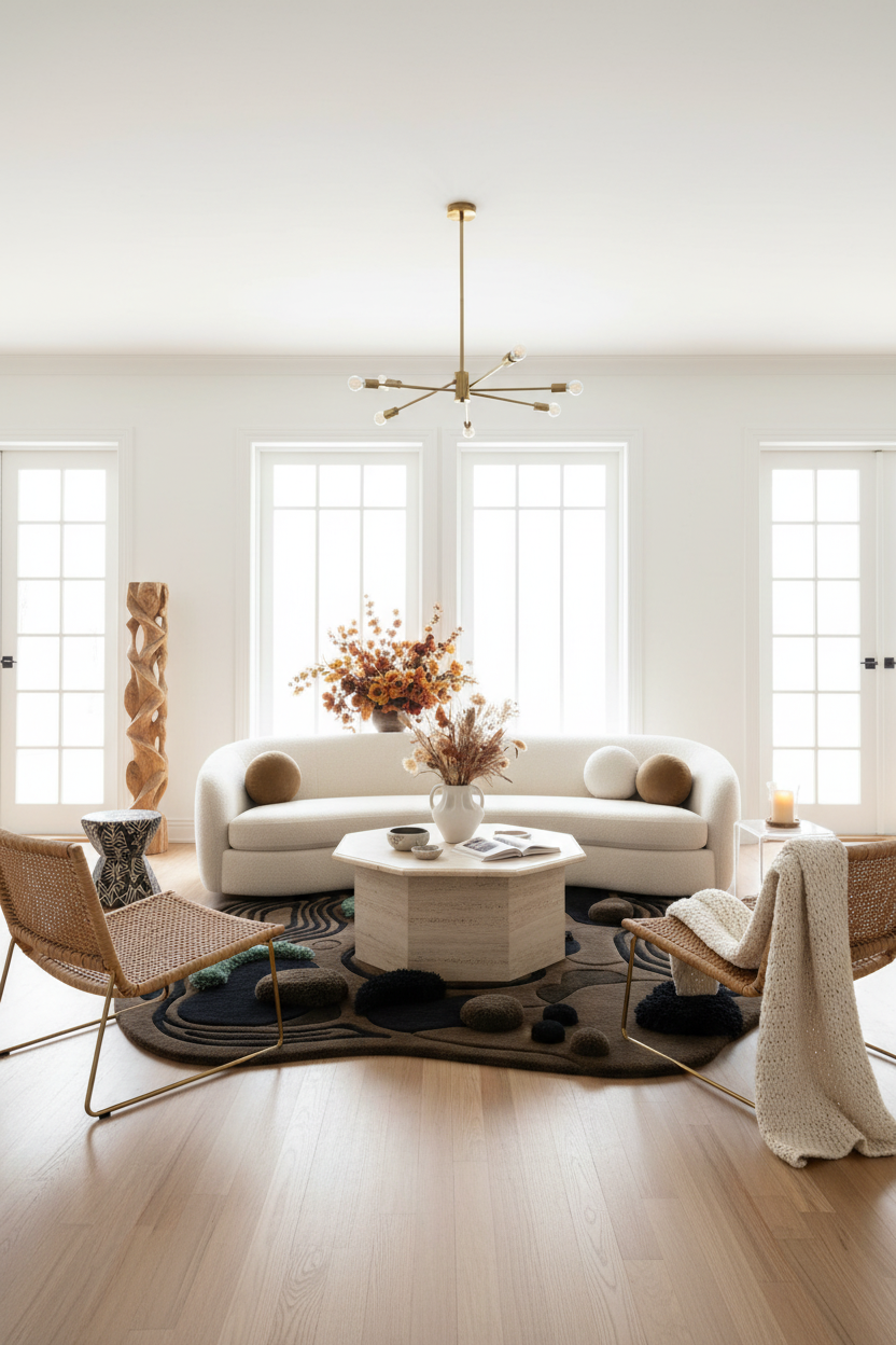 Modern living room with white sofa, round  organic modern rug, coffee table, and decorative elements.