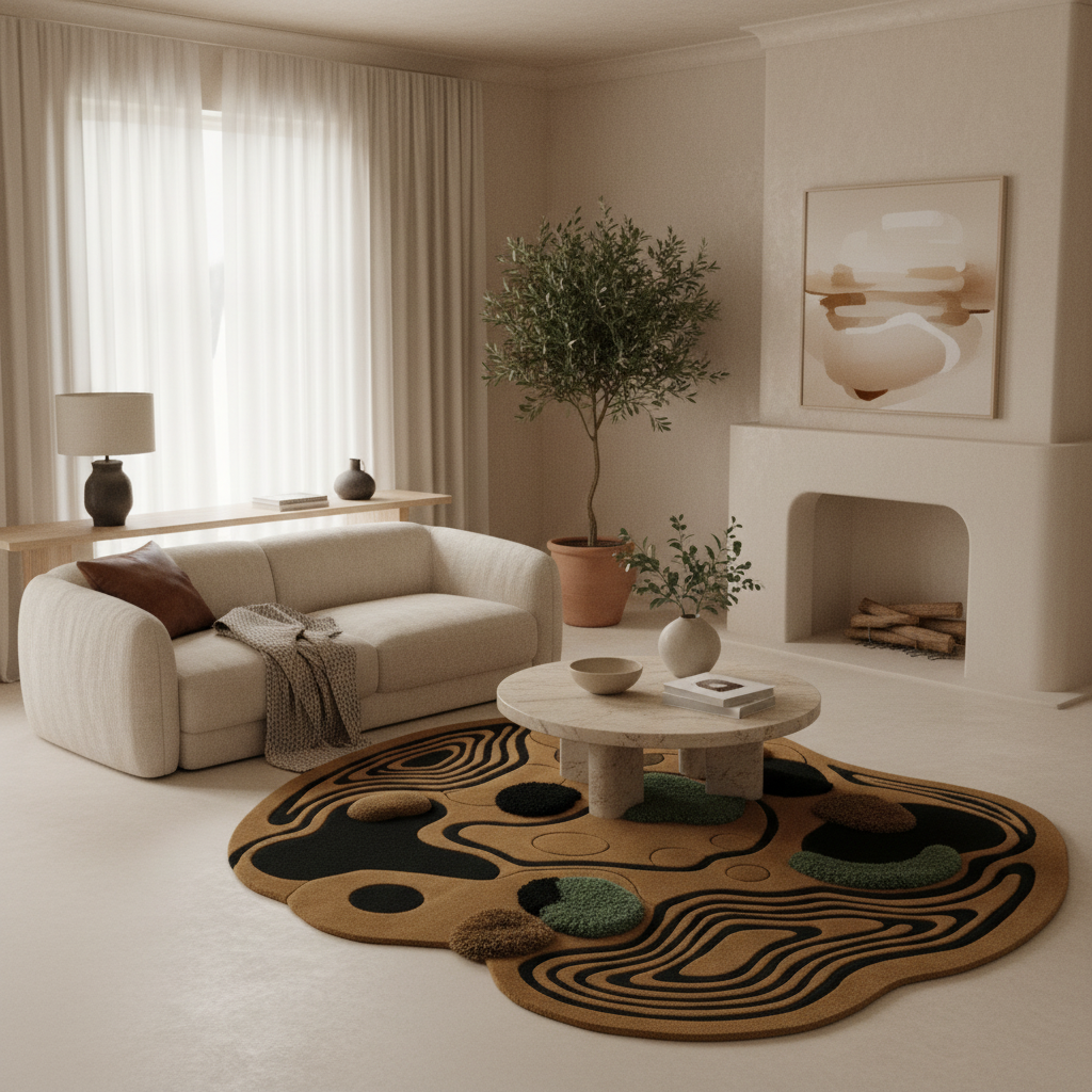 Modern living room with a beige sofa, round organic modern rug, and decorative elements.