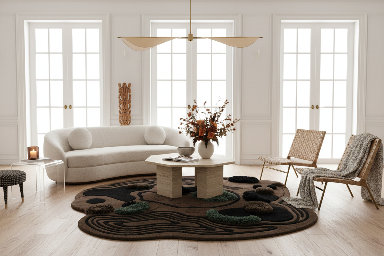 Modern living room with a white sofa, round organic modern rug, and decorative elements.
