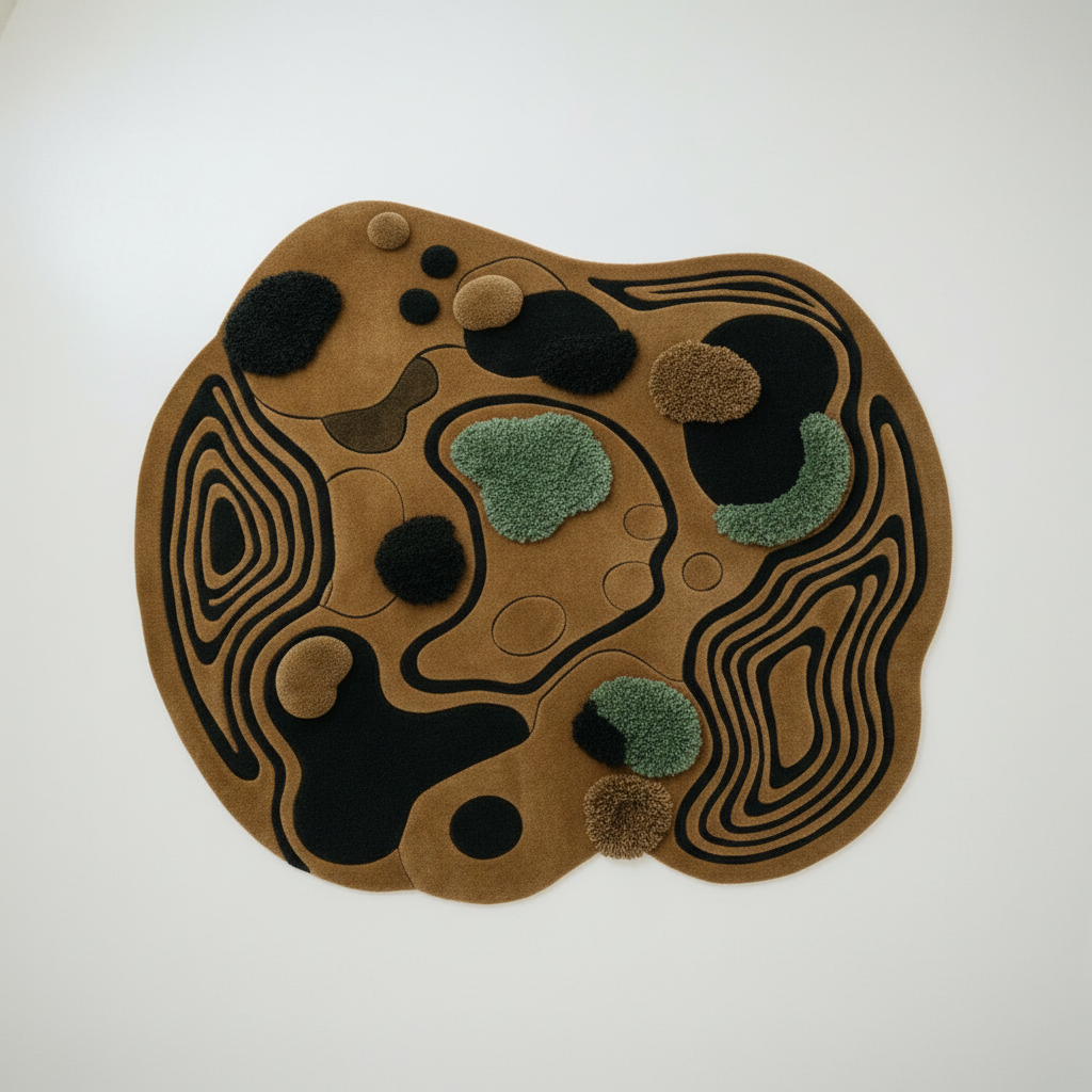 Abstract rug with brown, black, and green shapes on a white background