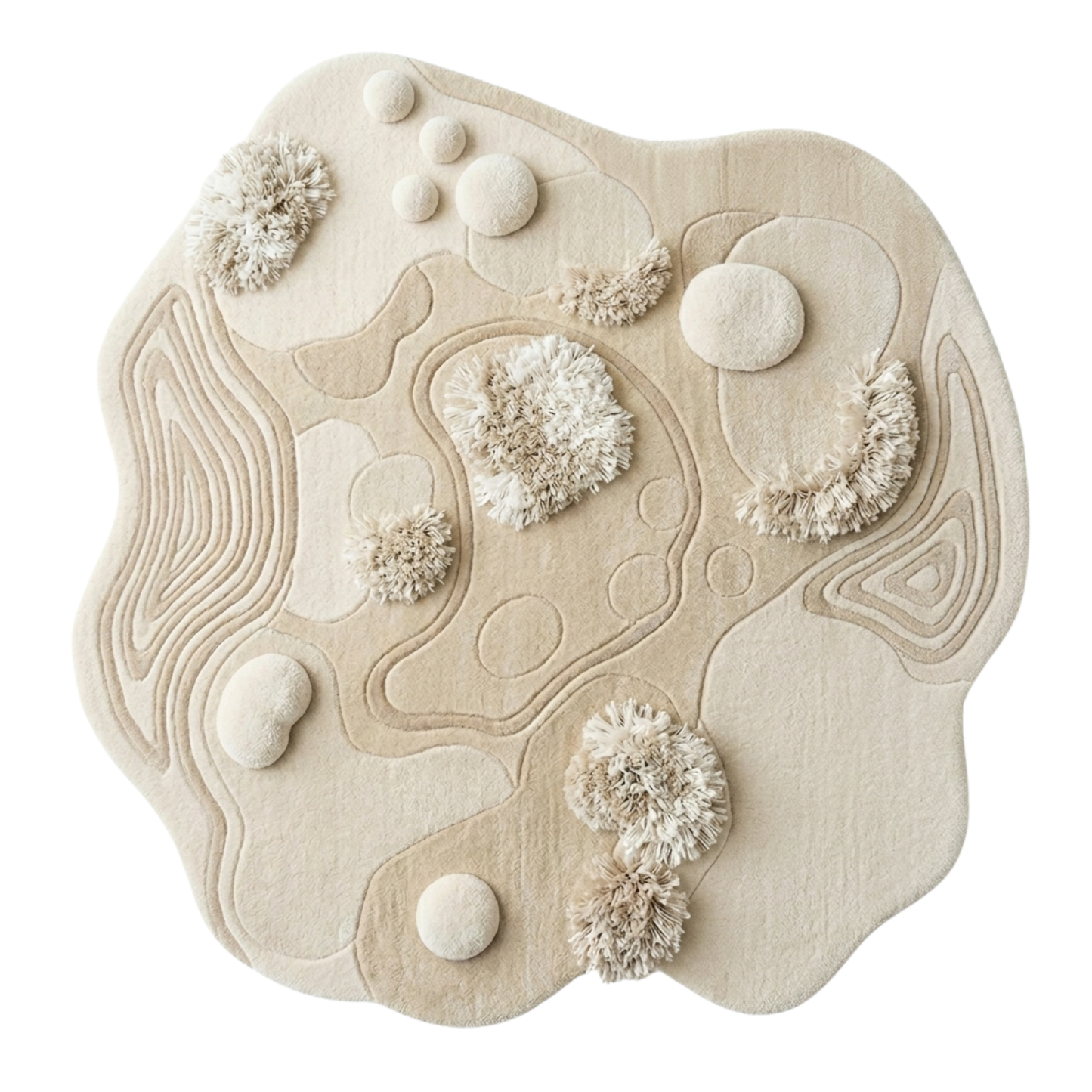 Beige textured rug with circular patterns on a white background
