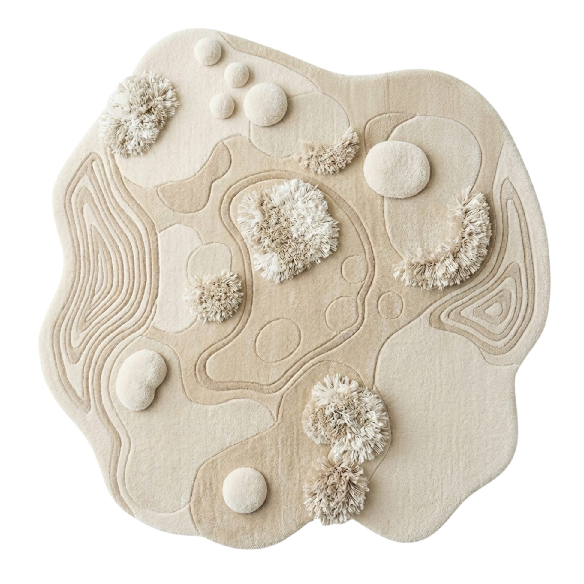 Beige textured rug with circular patterns on a white background