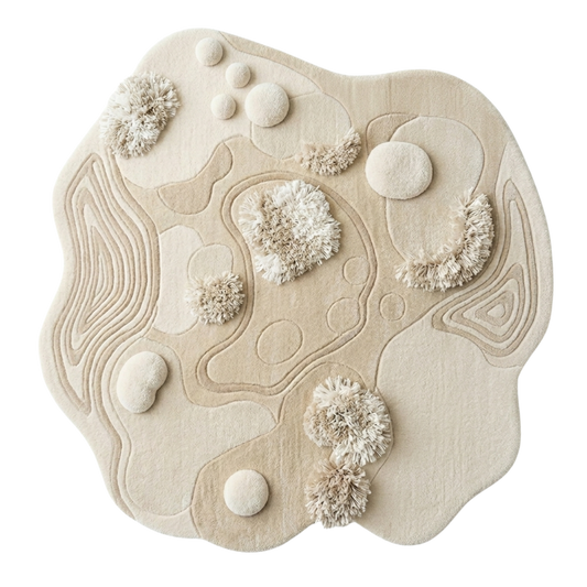 Beige textured rug with circular patterns on a white background
