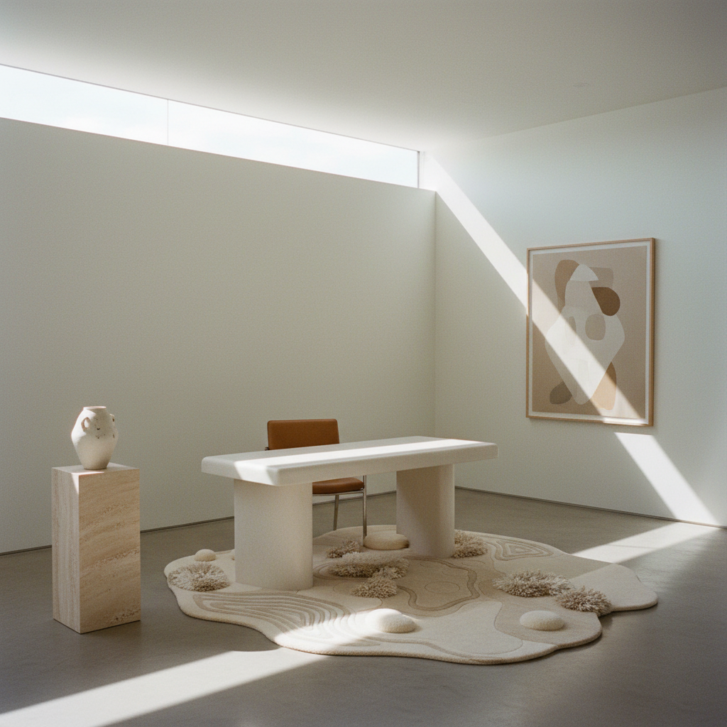 Modern interior with a white table, chair, and abstract sculpture in a minimalistic setting.