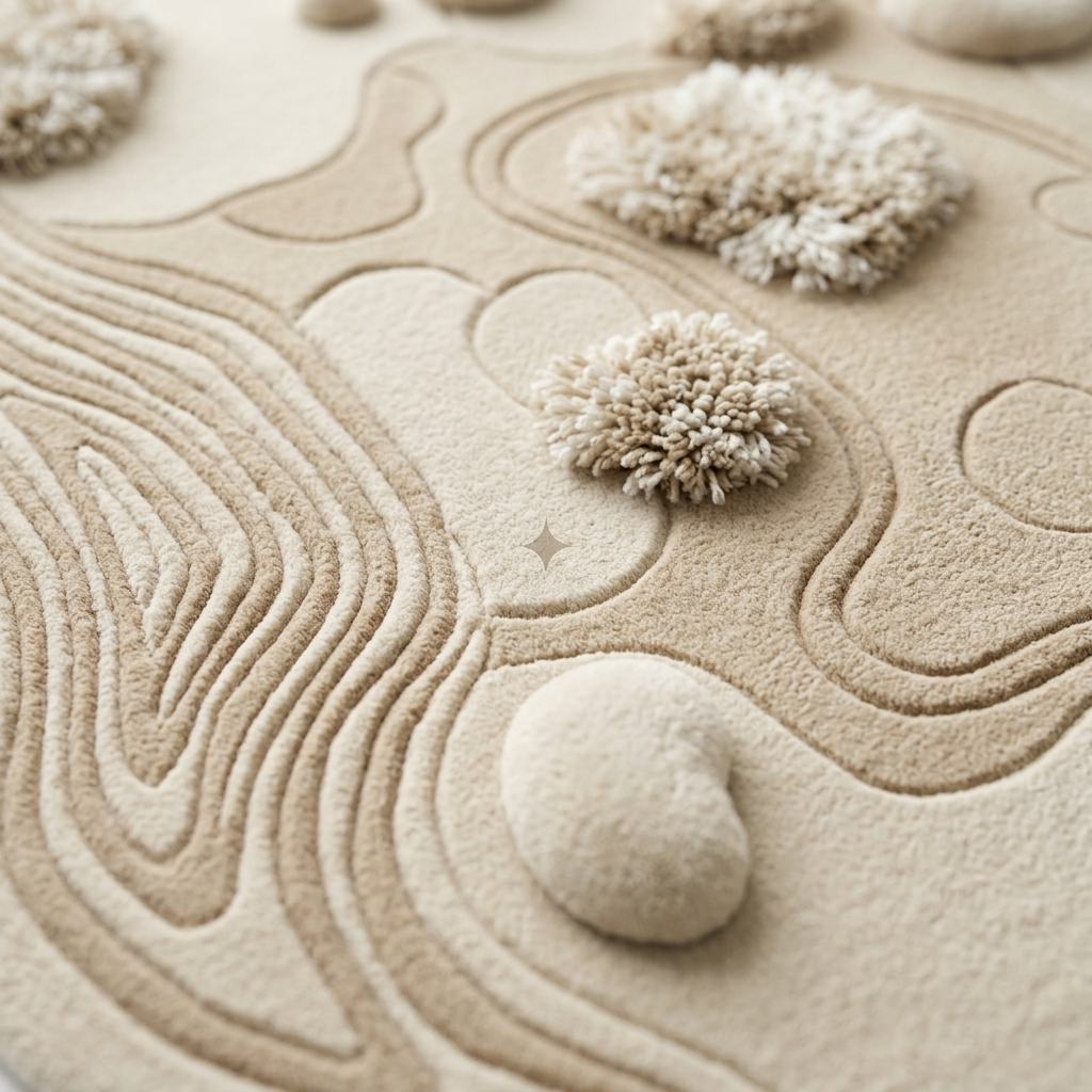 carved rug with arranged stone-style pile on a sandy tone base rug.