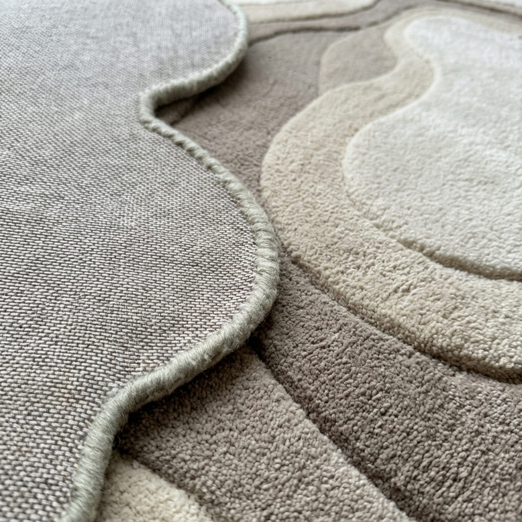 Close-up of a textured rug with wavy patterns in neutral colors.
