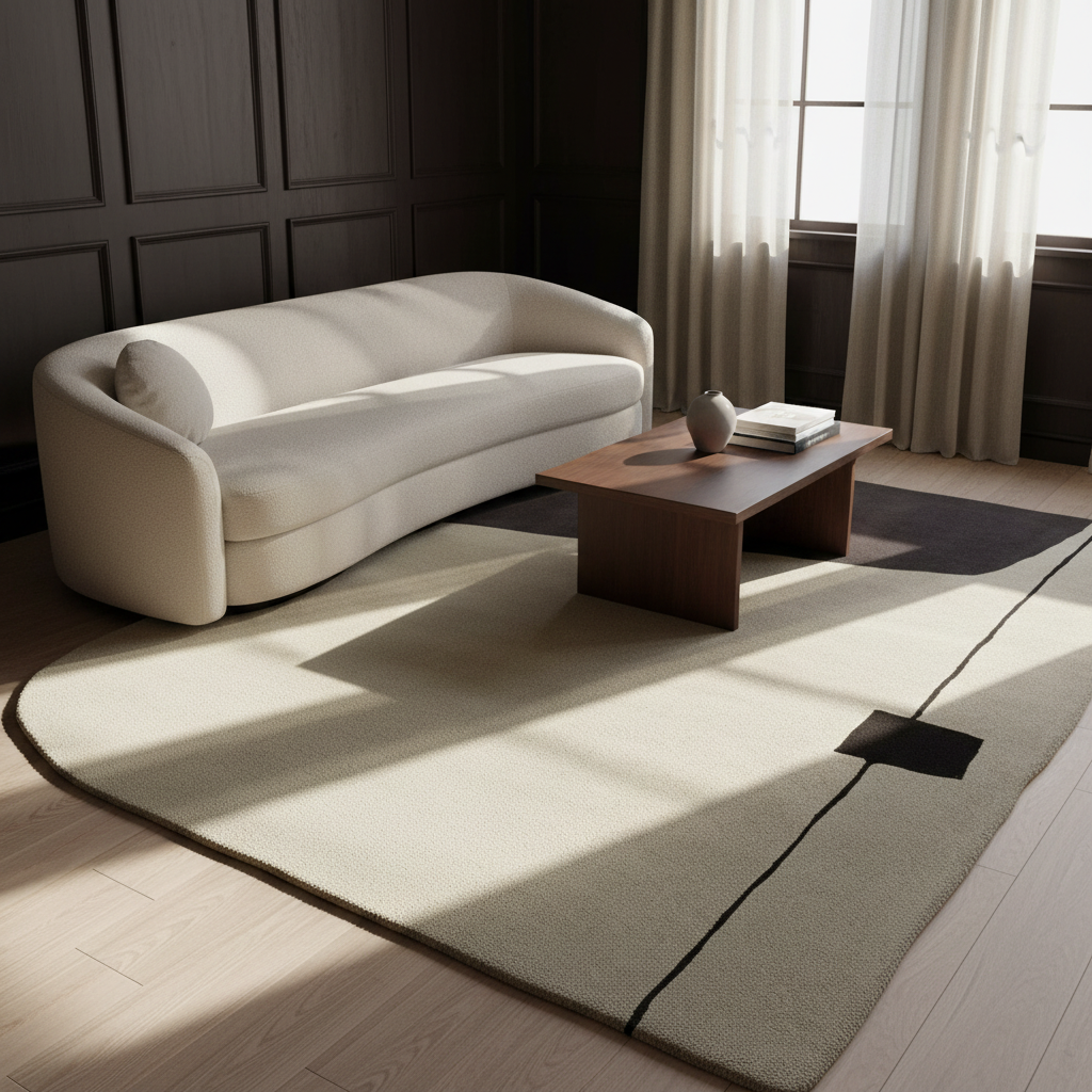 Modern living room with a white sofa, wooden coffee table, and large rug.