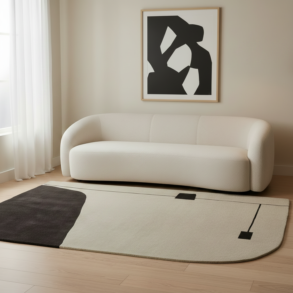 Modern living room with a white sofa, black and white rug, and abstract art on the wall.