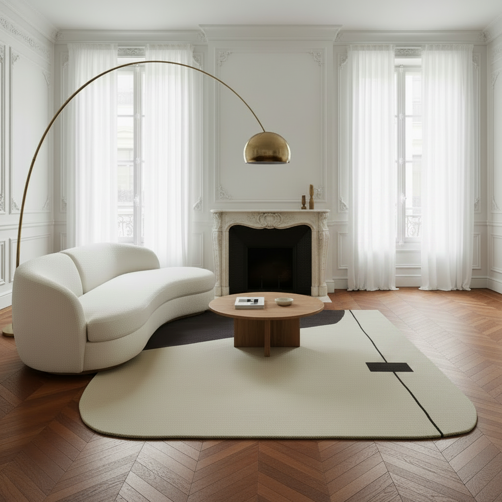 Modern living room with a white sofa, organic shape rug, round wooden coffee table, and a tall floor lamp.