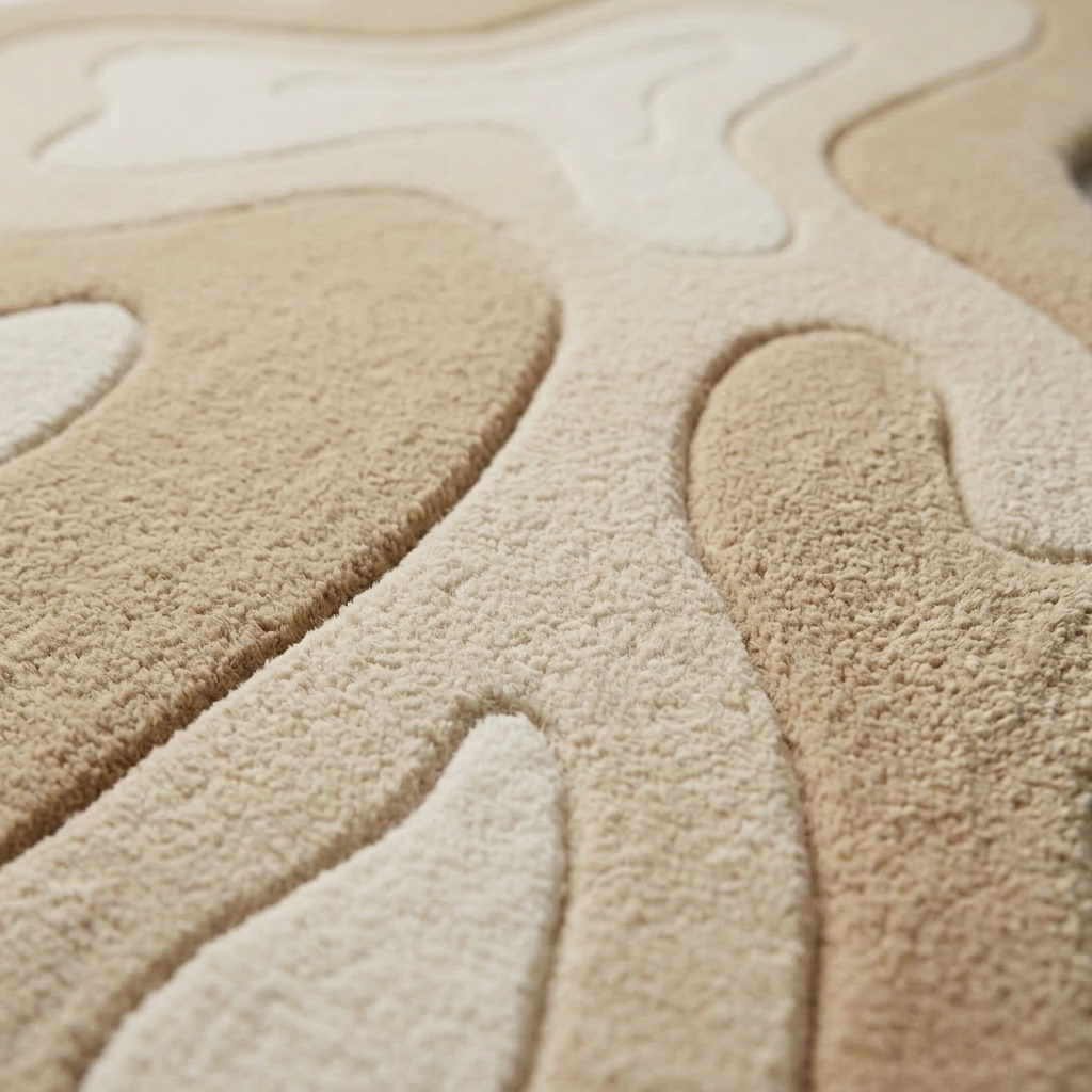 Close-up of a textured beige carpet with wavy patterns