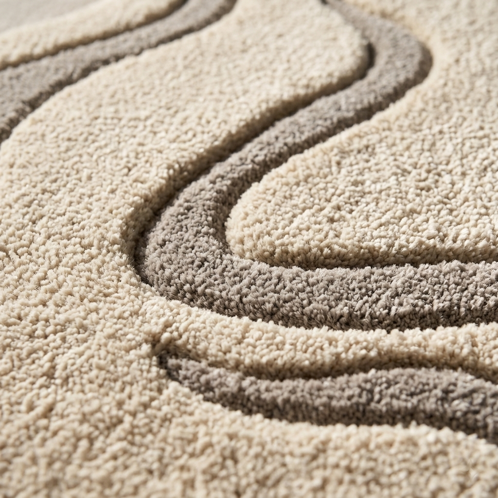 Close-up of textured beige carpet with circular patterns