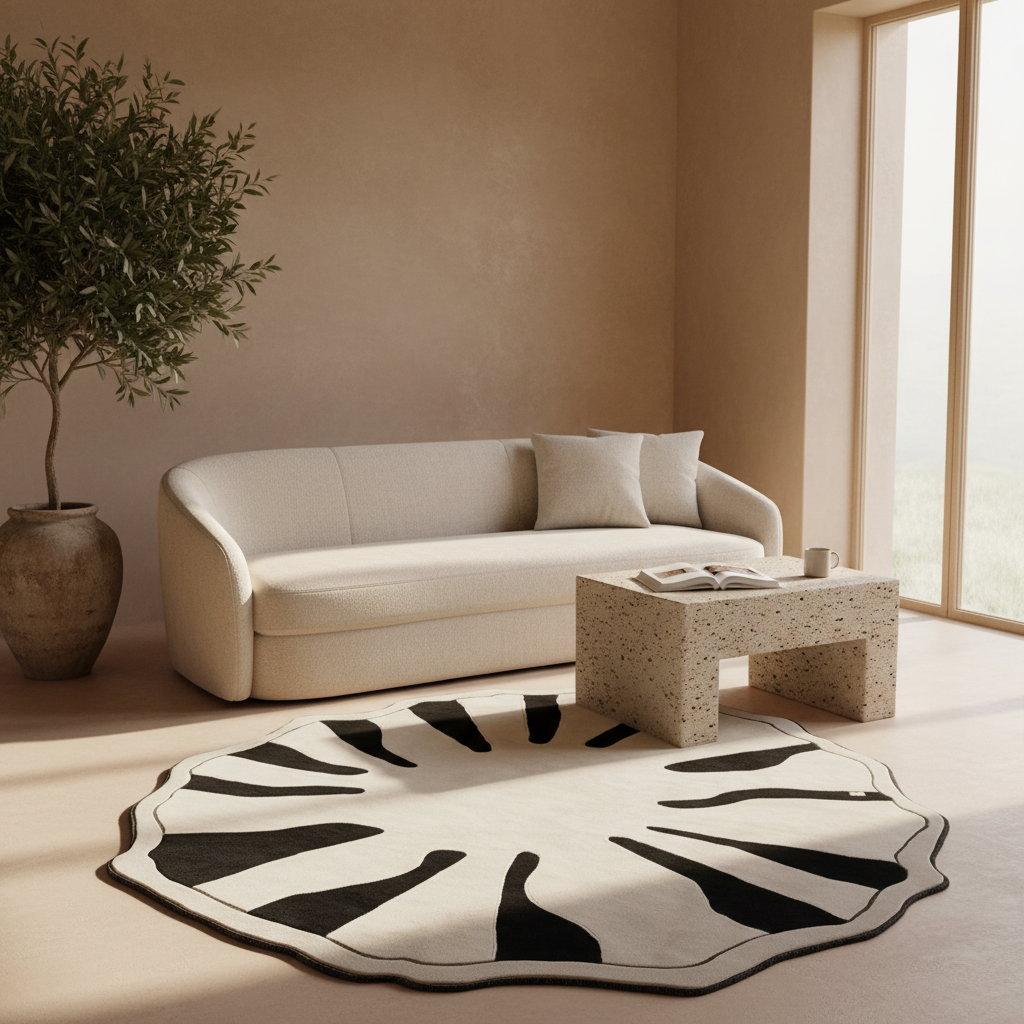 Modern living room with a beige sofa, round black and white rug, and a small table.