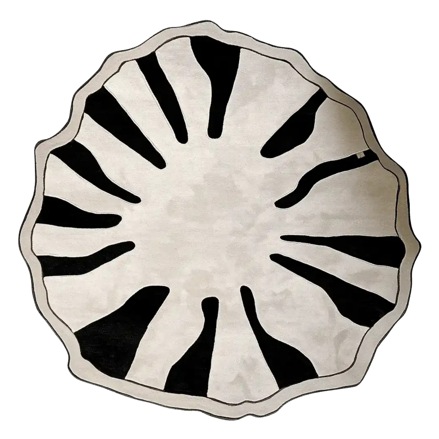 Round decorative rug with black abstract patterns on a white background