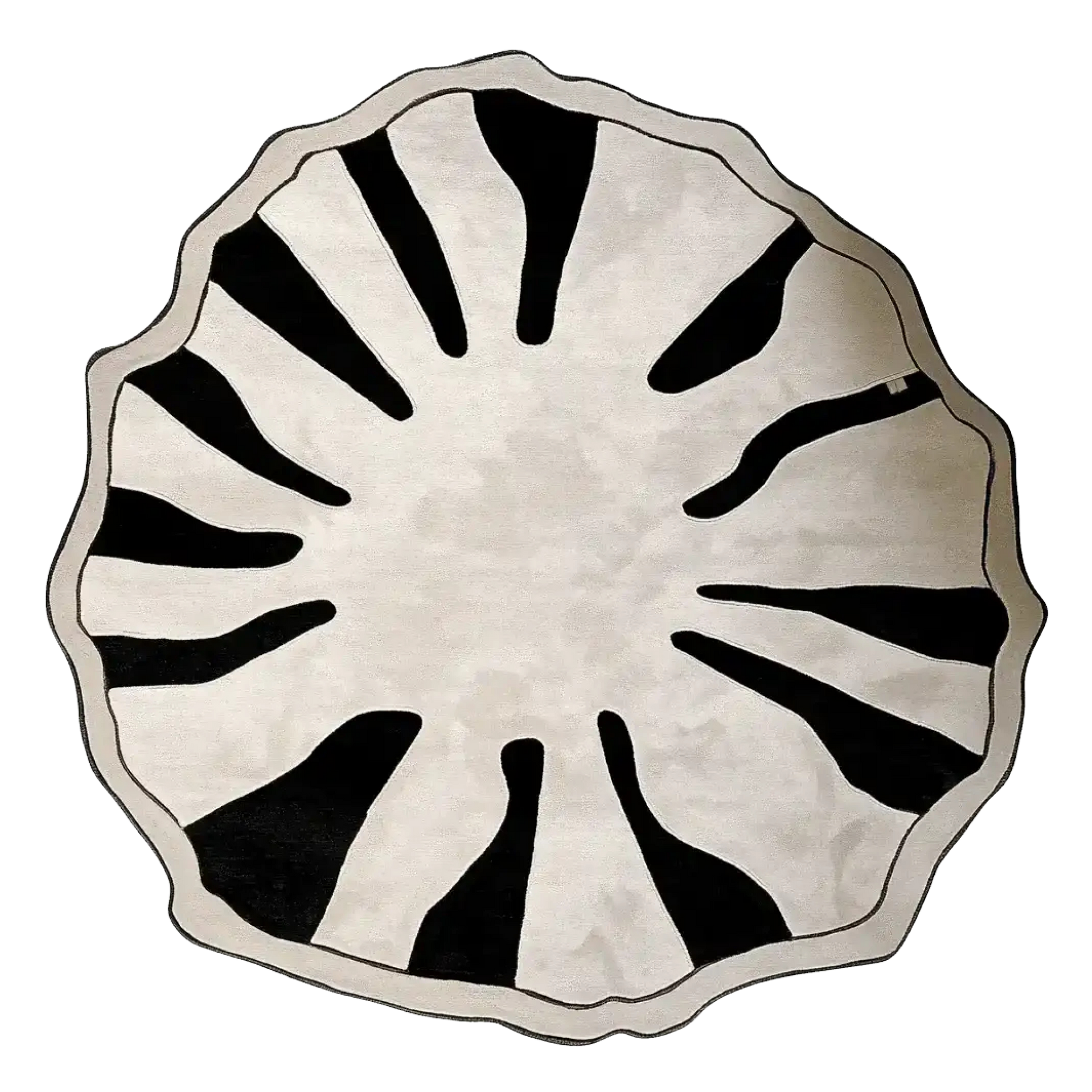 Round decorative rug with black abstract patterns on a white background