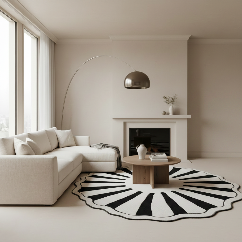 Modern living room with a white sofa, round wooden table, and black and white patterned rug.