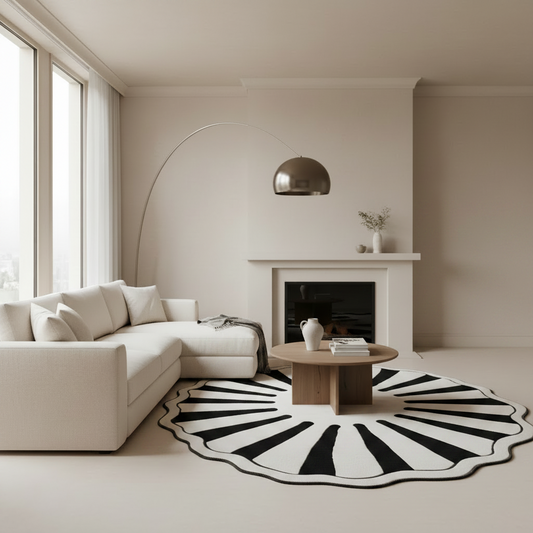 Modern living room with a white sofa, round wooden table, and black and white patterned rug.