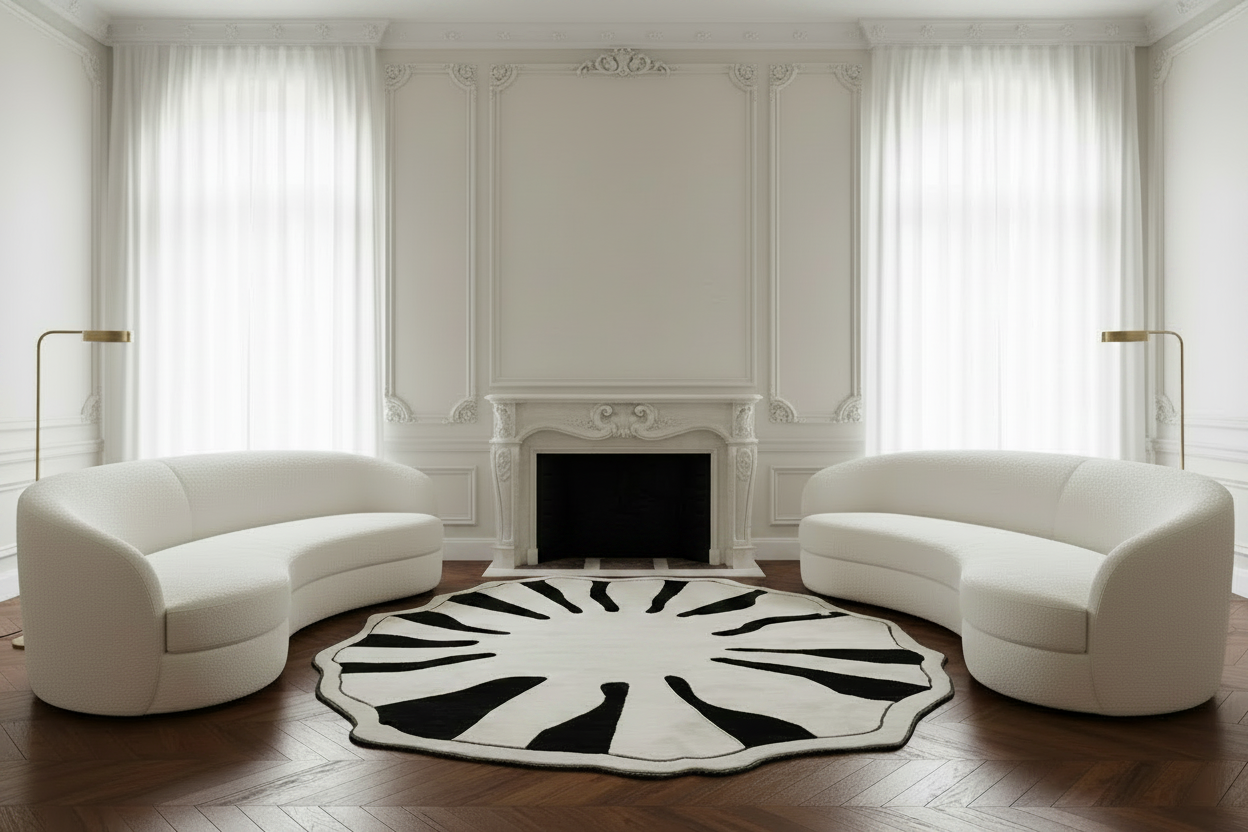 Modern living room with white sofas and a black and white rug.