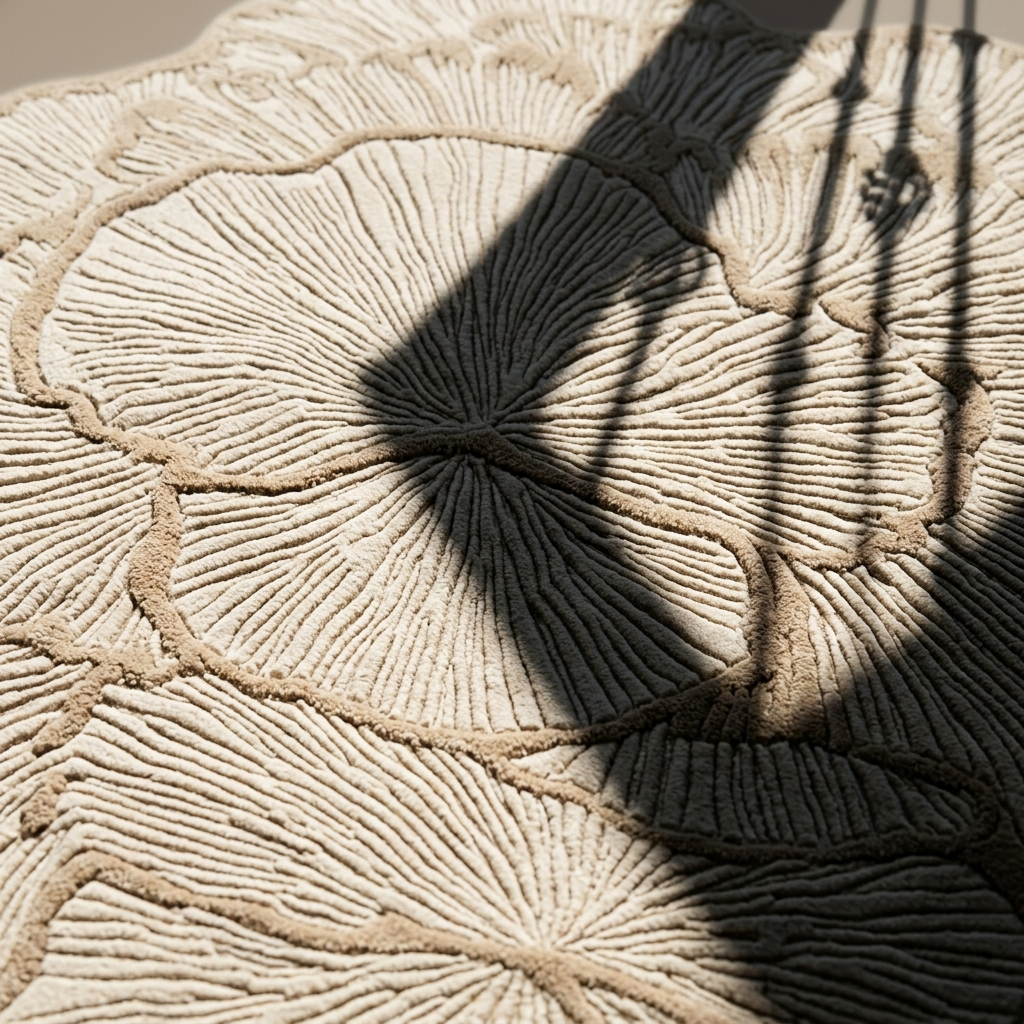 Textured beige rug with intricate patterns and a dark shadow cast by an object.