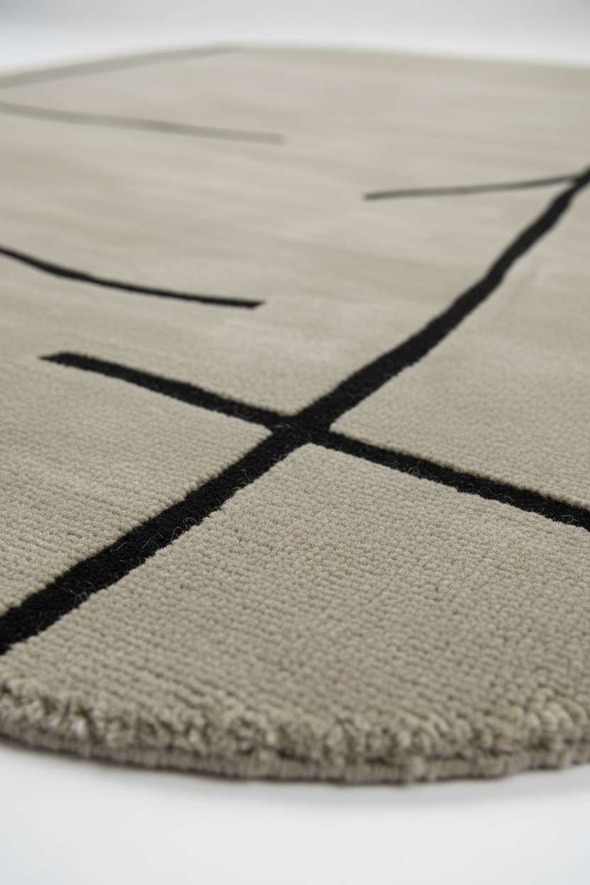 Beige rug with black abstract patterns on a white background