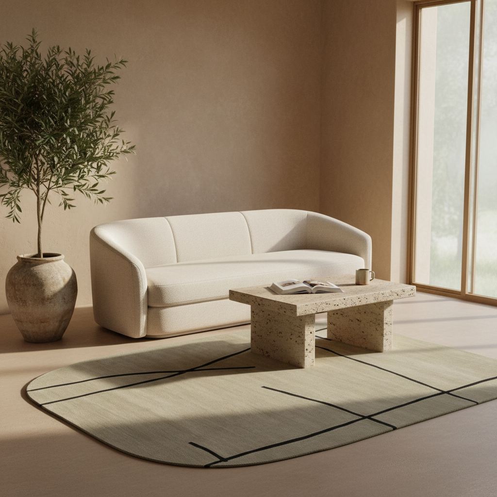 Modern living room with a white sofa, organic modern rug, stone coffee table, and plant.