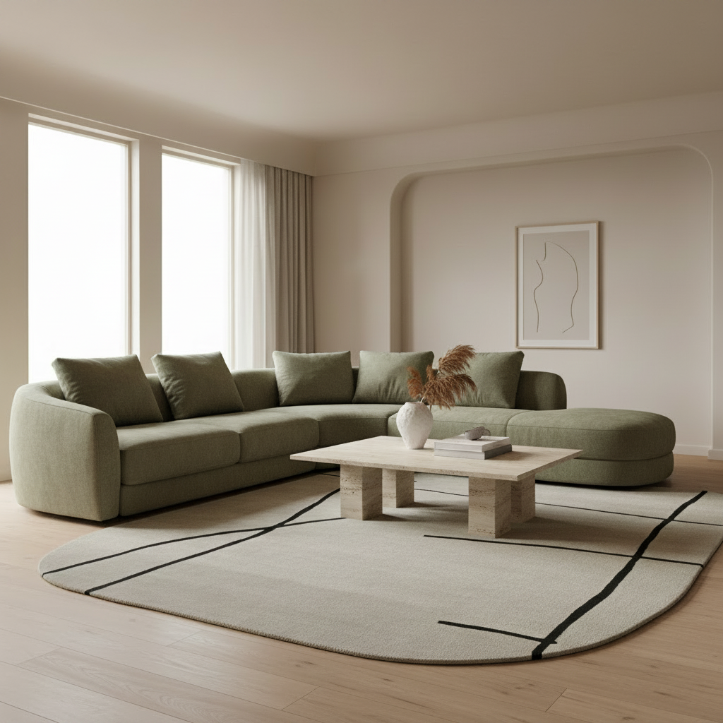 Modern living room with a sectional sofa, coffee table, and decorative organic line handmade rug.